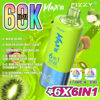 Advertentie voor de Fizzy Max Iii Vape-apparaat met een limoengroene en blauwe vape-pen met 6 smaken, waaronder gemengd fruit, kiwi, passievrucht, guave en aardbei, watermeloen, tegen een levendige groene achtergrond met afbeeldingen van fruit en opvallende, kleurrijke tekst met 60.000 trekjes en 6 smaken in één apparaat.
