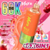 Kleurrijke advertentie voor Fizzy Max Iii Vape, met een oranje en groen apparaat, fruit- en drankspatten op de achtergrond en tekstmarkeringen voor 60.000 trekjes, 6 smaken in 1 apparaat en smaakopties zoals Blueberry Ice, Fizzy Cherry en Raspberry Lemon.