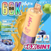 Advertentie voor de Fizzy Max Iii 6-in-1 vape, met een grote afbeelding van het product, kleurrijke fruitgraphics en tekst met 60.000 trekjes en zes smaakcombinaties, waaronder aardbei-druif, bosbes-kokos en perzik-citroen.