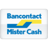Logo van Bancontact Mister Cash met blauwe en gele geometrische lijnen met de merknaam in blauwe tekst op een witte achtergrond.