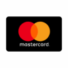 Mastercard-logo met overlappende rode en gele cirkels boven het woord 'Mastercard' op een zwarte achtergrond.