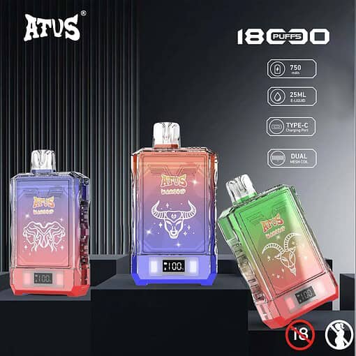 Display van drie kleurrijke wegwerp-vapes van het merk ATUS met dierenillustraties, productspecificaties en een leeftijdsbeperking van 18+. ATVS WARSHIP 18000