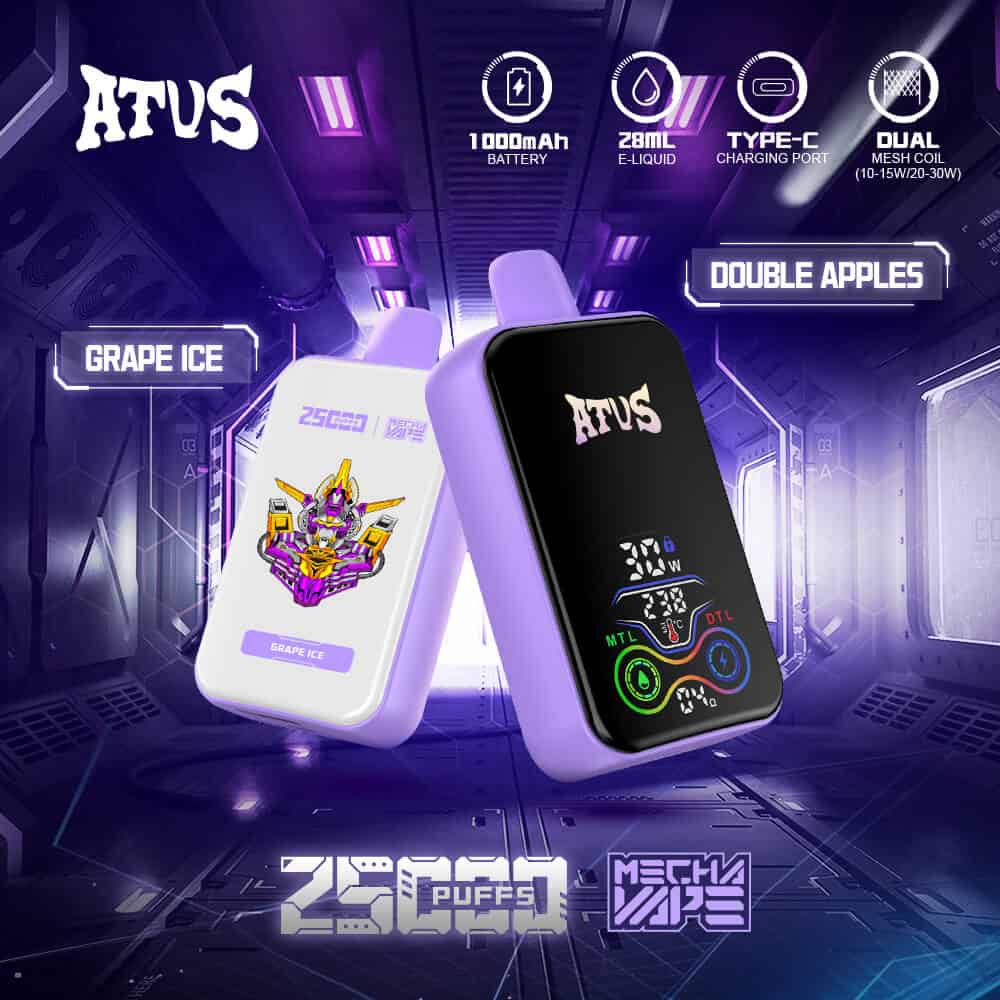 Twee kleurrijke wegwerp-vapes van het merk ATVS 25000 in een futuristische, paars verlichte sci-fi-gang, met productkenmerken zoals een 1000 mAh-batterij, 28 ml e-liquid, Type-C-opladen en een dubbele mesh-spoel. Ook zijn er verschillende smaken verkrijgbaar: Grape Ice en Double Apples, en de 25.000 trekjes.