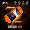 Imagen promocional de Atvs Mecha Vape con un dispositivo de vapeo de color naranja brillante, opciones de sabor: plátano, naranja, hielo y refresco de naranja, e íconos que resaltan una batería de 1000 mAh, 28 ml de e-líquido, carga tipo C, bobina de malla doble y 25 000 bocanadas.