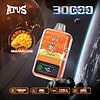 Promotiefoto voor een wegwerp-vape met mango-ijssmaak, genaamd Atus. De vape wordt getoond in een ruimteachtergrond met pictogrammen die functies benadrukken zoals 30.000 trekjes, 1000 mAh-batterij, 30 ml e-liquidcapaciteit, Type-C-opladen en dubbele mesh-coil.
