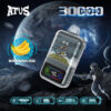 Promotiefoto van een Atus Banana Ice Vape-apparaat met een ruimtethema-achtergrond, met een planeet, een astronaut en belangrijke functies zoals 30.000 trekjes, een 1000 mAh-batterij, 30 ml e-liquid, een Type-C-oplaadpoort en een dubbele mesh-coil.