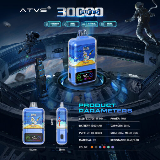 Futuristische reclame voor het ATVS 30000 vape-apparaat met een blauwe gadget met een cartoon-astronautontwerp, productspecificaties en een ruimtestationachtergrond met zwevende astronauten.
