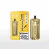 Bang e-shisha head vape-apparaat in een gouden kleur met 'gemengd fruit'-smaak, weergegeven naast zijn gele winkels met productdetails en een nicotine-waarschuwingslabel.