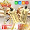 Promotionele afbeelding voor het wegwerp E-Shisha-hoofd, met twee gouden vape-apparaten met het label Peach Ice en Bang Blaze, met hoogtepunten van 42.000 trekjes, 12 smaken, Type-C opladen, 1000 mAh batterij, 30 ml capaciteit en 0,6Ω mesh mesh spoel.