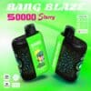 Deux appareils de vape jetables Bang Blaze Starry 50000 en noir et vert fluo avec des motifs de constellation et un singe de dessin animé portant des lunettes de soleil, avec une saveur de glace à la pastèque et des icônes mettant en évidence la charge de type C, le double maillage, la technologie Npu et une batterie de 550 mAh.