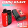 Publicité colorée pour les appareils Bang Blaze 50000 Starry Vape, comprenant deux appareils avec des motifs rouges et noirs, des motifs de constellations et un graphique de singe de dessin animé pour la saveur fraise-pastèque, avec des icônes indiquant des fonctionnalités telles que la charge de type C, la batterie 550 mAh, le double maillage et trois options de mode.