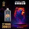 Kleurrijke neon illustratie van het hoofd van een beer naast een Bang King Vape -apparaat met een bijpassend berenontwerp, met productfuncties zoals 'Mesh Coil', '30000 Puffs' en 'Blue Razz Ice' -smaak gemarkeerd.