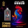 Promotionele afbeelding voor Bang King Vape met een kleurrijke, neonstijl Rooster Illustration, een vape-apparaat met bijpassend haanontwerp en tekst die 30.000 trekjes, mesh-spoeltechnologie, Type-C opladen, 650 mAh batterij en de 'Triple Berry Ice'-smaak benadrukt.