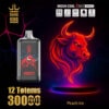 Advertentie voor Bang King Vape Peach Ice Flavour met een vape-apparaat met een Red Bull-illustratie, gloeiende neon bull head artworks en productdetails zoals mesh spoel, 30.000 kiezels, 650 mAh batterij en type-C opladen.