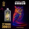 Kleurrijke digitale illustratie van een uil naast een Bang King Vape -apparaat met uil kunstwerken, waarmee functies zoals 30000 puffs, mesh -spoel, 650 mAh batterij en de perzik mango -smaak worden benadrukt.