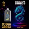 Advertentie-afbeelding voor Bang King Vape met een gloeiende blauwe draak en een vape-apparaat met bijpassende Dragon Artwork, waarmee functies zoals Mesh Coil, 30000 puffs, Type-C opladen, 650 mAh-capaciteit en de dubbele appelsmaak benadrukken.
