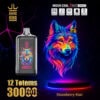Promotionele afbeelding voor Bang King Vape met een kleurrijk, neon wolfsontwerp met details ongeveer 30.000 trekjes, mesh spiraal, 650 mAh batterij en de aardbeienkiwi -smaak.