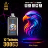 Promotionele afbeelding voor Bang King Vapen met een vape-apparaat dat is versierd met een adelaar illustratie, naast een levendige, neonkleurige adelaarkop, met de markering '12 totems ',' 30000 puffs ',' aloë druiven 'smaak en apparaat functies zoals mesh spoel en 650 mAh capaciteit.