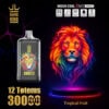 Advertentie voor Bang King Vape met een productafbeelding met een kleurrijke Lion-illustratie, die 12 totems, 30.000 trekjes, mesh-spoel, Type-C-opladen, 650 mAh-capaciteit en tropische fruitsmaak benadrukt.