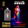 Bang King Vape-advertentie met een regenboogkleurige zeemeermin en een bijpassend vape-apparaat met de label '3000 puffs' met kiwi, passievrucht en guave-smaak, en productkenmerken zoals mesh spiraal en 650 mAh batterij gemarkeerd.
