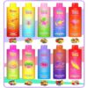 Tien kleurrijke flessen Bang King Triple Vape Sap, elk gelabeld met een andere Game of Thrones -huisreferentie, weergegeven in twee rijen met fruitillustraties eronder die duiden op verschillende smaken zoals watermeloen, bessen, citrus en tropisch fruit.