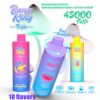 Kleurrijke advertentie voor Bang King Triple Disposable Vapes, met een markering van 45.000 trekjes, 3-in-1 schakelaar voor smaakrotatie, Type-C-oplaad, 650 mAh-batterij en 10 smaakopties met levendige verpakkingsontwerpen.