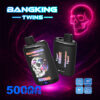 Promotional Image For Bangking Twins Disposable Vape Featuring Two Black Vape Devices With A Colorful Skull Design, Neon Digital Skull Artwork In The Background, And Highlights Of Key Features Like 50,000 Puffs, Type-C Charging, 650Mah Battery, And Dual Mesh Coils.