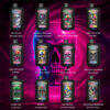 Collection Of Bangking Twins Vape Devices With Colorful Skull Designs On Each, Set Against A Glowing Pink Skull Background, Displaying Various Flavor Names Such As Blue Razz Ice, Strawberry Watermelon, Watermelon Ice, And Others.