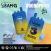 Advertentie voor Sbang Bang Leader Vape Device met 80.000 trekjes, met twee apparaten, smaken (bosbessenijs, zwart Dragon Ice, Mango Peach), productkenmerken en een nicotine -waarschuwingslabel.