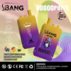 Kleurrijke advertentie voor S Bang Brand Vape-apparaat met twee gradiëntgele en paarse apparaten, met benadrukkende functies zoals Type-C opladen, 80000 soezen, dubbele gaas en smaken Blueberry Watermelon, Strawberry Mango en Blackcurrant, met een nicotine-waarschuwing onderaan.