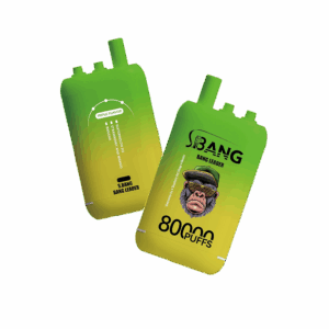 Twee groene en gele wegwerp-vape-apparaten met het label 'S.BANG BANG LEADER' met een bebaarde tekenfilmfiguur, die een drievoudige smaak promoten (watermeloen-olijfolie-ijs, banaan en aardbei-mango) en 8000 trekjes.