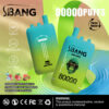 Kleurrijke advertentie voor wegwerpdampen van SBang met twee vape-apparaten, met een aandacht voor 80.000 puffs-capaciteit, drie smaken (Raspberry Mojito Peach Ice, Strawberry en Watermelon, Kiwi Passion Fruit Guava), Type-C Charging en een waarschuwing dat het product nicotine bevat.