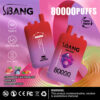 Kleurrijke advertentie voor SBang Degelay Vape met 80.000 trekjes, met een rood en paars apparaat, benadrukken functies zoals Triple Flavours (Strawberry Watermelon, druivenijs, Rainbow Candy), Type-C Charging, Dual Mesh-spoel en een nicotine-waarschuwing.