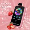 Roze Crystal Mary Vape-apparaat met digitaal display, omringd door aardbeien en tekstmarkering, 50.000 trekjes, 28 ml e-liquid, dubbele kern, 900 mAh-batterij en instelbare nicotine- en ijsinstellingen.