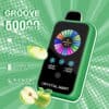Advertentie voor de Crystal Mary Groove Vape, met een groen apparaat met een digitaal display, groene Apple-graphics en specificaties zoals 50.000 trekjes, 28 ml e-liquid, dual-core, 900 mAh-batterij en instelbare nicotine- en ijsinstellingen, tegen een groene, gestippelde achtergrond.