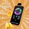 Promotie-afbeelding voor een Crystal Mary wegwerp-vape-apparaat in oranje, met een digitaal display, pictogrammen en gemarkeerde tekst: 50.000 trekjes, 28 ml e-liquid, dubbele kern, 900 mAh-batterij en instelbare nicotine- en ijsblokjes, met mango- en ananasstukjes afgebeeld.