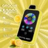 Geel en zwart vape-apparaat met het label &Quot;Crystal Mary Groove&Quot; met een kleurrijk display, pictogrammen voor 28 ml e-liquid, dual core, 900 mAh-batterij, instelbaar nicotine- en ijsniveau en afbeeldingen van citroenen op een gele grafische achtergrond.