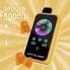 Promotiefoto van een geel Crystal Mary Vape-apparaat met een kleurrijk digitaal display, omringd door afbeeldingen van gummyberen en producteigenschappen zoals 50.000 trekjes, 28 ml e-liquid, dual-core, 900 mAh-batterij en instelbare nicotine- en ijsniveaus.