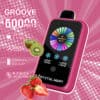 Advertentie voor een roze Crystal Mary Vape-apparaat met een kleurrijk digitaal display, omringd door aardbeien en kiwi's, en belangrijke kenmerken zoals 50.000 trekjes, 28 ml e-liquid, dubbele kern, 900 mAh-batterij en instelbare nicotine- en ijsconcentratie.