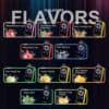 Tentoonstelling van tien kleurrijke vape-apparaten, elk gelabeld met een andere smaak, zoals Strawberry B-Pop, Strawberry Kiwi Refresher, Sour Fucking Fab, Watermelon Ice, Blue Razz Ice, Sour Apple Ice, Lemon Heads, Sour Mango Pineapple, Miami Mint en Banana Taffy Freeze, met bijbehorende fruitafbeeldingen en neonverlichte contouren op een donkergestreepte achtergrond.