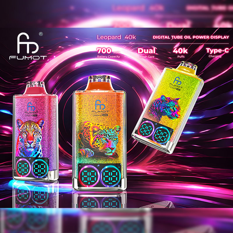 Drie kleurrijke elektronische vape-apparaten met digitale displays en neon-luipaardprint, tegen een levendige, wervelende achtergrond met functies zoals een 700 mAh-batterij, 40.000 trekjes, dubbele mesh-kern en Type-C-opladen.
