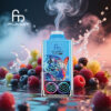 Kleurrijk fumot luipaard 40K vape -apparaat met een digitaal display en een luipaardillustratie, damp uitzending, omgeven door diverse bessen en spattende water.
