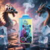 Kleurrijk vape -apparaat met een luipaardafbeelding, digitale displays en mist stijgt, ingesteld te midden van ijsblokjes en water met twee Dragon -illustraties op de achtergrond.