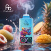 Kleurrijk fumot luipaard 4uk vape -apparaat met een digitaal display en luipaardafbeelding, omgeven door spatten water en diverse vruchten, waaronder perzik, ananas en mango in een levendige, tropische setting.