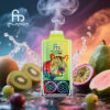 Kleurrijke fumot luipaard 40K vape -apparaat met een levendige luipaardillustratie, omgeven door spatten van fruit, waaronder kiwi, guave en passievrucht, met digitaal display en damp van de bovenkant.