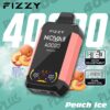 Promotionele afbeelding van een fizzy nqva plus perzik ijs wegwerp vape -apparaat, met perziken, ijsblokjes en productkenmerken zoals 4000 puffs, versnellingsaanpassing en dubbele mesh -spoel.