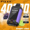Fizzy NQVA plus vape -apparaat in paars met een digitaal display, met druiven- en limoenaroma's, weergegeven naast afbeeldingen van druiven en een limoenplak, met tekst die 400 puffs, versnellingsaanpassing en dubbele mesh -spoelfuncties benadrukt.