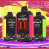 Drie kleurrijke Fizzy Nova Plus vape -apparaten met digitale displays, gelabeld met smaken blauwe razz limonade en frambozenclaimon, ingesteld tegen een levendige gele en roze achtergrond met de tekst 'Dual Mesh Coil'.