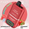 Promotional Image For A Red Fizzy Twins Vape Device Highlighting 50,000 Puffs, 2-In-1 Flavors (Watermelon Ice And Strawberry Kiwi), Flavor Change Feature, And Digital Display, With Fruit And Ice Illustrations.