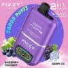 Colorful Advertisement For A Fizzy Twins Vape Device Featuring A Large Purple Vape With A Digital Display, Highlighting Its 50,000 Puff Capacity And Dual Flavors—Blueberry Coconut And Grape Ice—With Images Of Fruit, Ice, And Bold Text On A Pink And Blue Background.